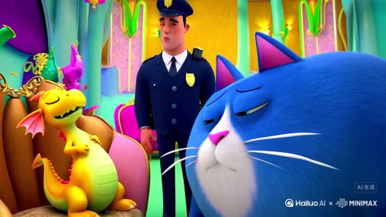 一只蓝色的胖猫和黄色的奶龙正在办离婚他们前面有一个警察正在看他们两个 by Hailuo AI Video Generator