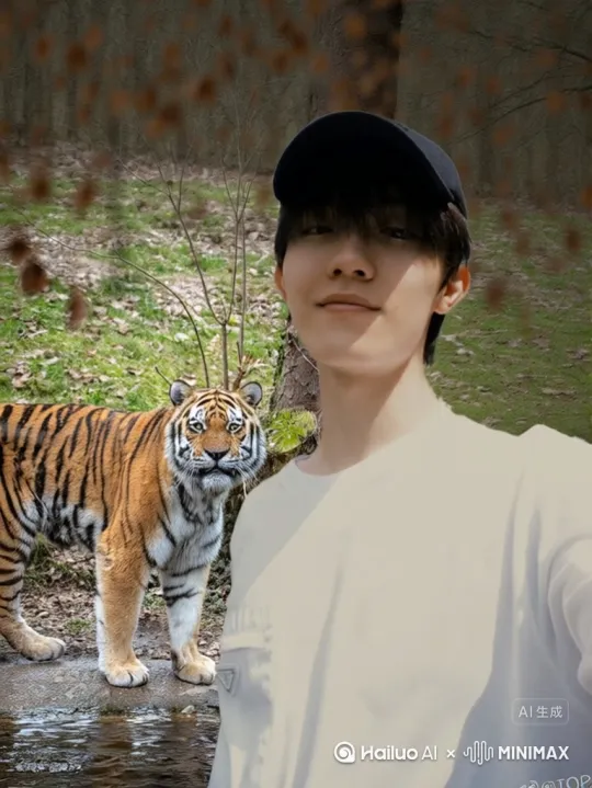 高质量8K渲染，动态光影，vlog镜头，跟踪拍摄：一个男孩一边自拍一边逃跑，老虎在后面追他，镜头抖动。 by Hailuo AI Video Generator