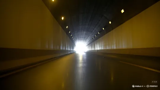 高速公路的隧道内部，隧道的两旁有微弱黄色灯光照明，两侧墙壁呈现混凝土质感，隧道地面略微潮湿有反光效果，镜头快速前进（移动速度25m/s），隧道尽头白色光芒逐渐扩大占比，从50%到100%画面填充，光线曝光过度形成耀斑，色彩逐渐褪去只剩高光区域，镜头光圈快速扩大模拟人眼适应过程，景深逐渐模糊直至全白，色彩平衡从冷色调（色温3000K）逐渐过渡到纯白昏暗的隧道内部，隧道顶部有微弱黄色灯光照明，两侧墙壁呈现混凝土质感，隧道地面略微潮湿有反光效果，镜头快速前进（移动速度25m/s），隧道尽头白色光芒逐渐扩大占比，从50%到100%画面填充，光线曝光过度形成耀斑，色彩逐渐褪去只剩高光区域，镜头光圈快速扩大模拟人眼适应过程，景深逐渐模糊直至全白，色彩平衡从冷色调（色温3000K）逐渐过渡到纯白昏暗的隧道内部，隧道顶部有微弱黄色灯光照明，两侧墙壁呈现混凝土质感，隧道地面略微潮湿有反光效果，镜头快速前进（移动速度25m/s），隧道尽头白色光芒逐渐扩大占比，从50%到100%画面填充，光线曝光过度形成耀斑，色彩逐渐褪去只剩高光区域，镜头光圈快速扩大模拟人眼适应过程，景深逐渐模糊直至全白，色彩平衡从冷色调（色温3000K）逐渐过渡到纯白，视频比例为9:16。 by Hailuo AI Video Generator