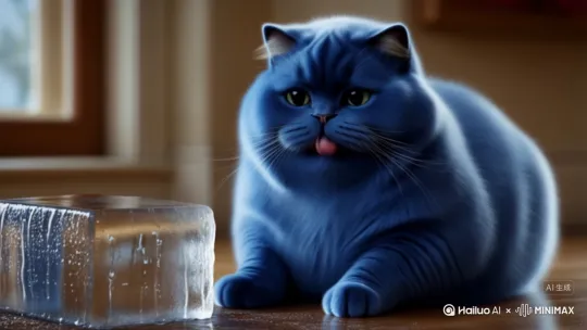 一只蓝色的猫，身体十分胖，非常热他吃起来大冰 by Hailuo AI Video Generator