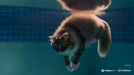 当空翻的弧线抵达顶点,猫轻盈收拢四肢如离弦之箭俯冲而下。入水刹那,粉红肉垫率先破开水面,溅起的水珠如碎钻悬浮空中,而身体却像刀刃滑入丝绸般平滑。水面仅泛起一圈涟漪,仿佛被猫尾轻轻点化的魔法纹路——这分明是顶级跳水选手的"零水花"秘技,却被它用绒毛覆盖的躯体演绎出新的诗意。
水下的慢镜头更显惊艳:被气泡包裹的猫伸展腰肢,爪尖勾出芭蕾舞者般的绷直线条,蓬松尾巴如螺旋桨优雅搅动水流。阳光穿透池底,在它琥珀色的瞳孔里折射出星芒,每一根飘动的胡须都丈量着水流的速度与力度。此刻它不再是陆地猎手,而是化身人鱼与飞鸟的混合体,用液态的舞台证明:重力,从来困不住真正的优雅。 by Hailuo AI Video Generator