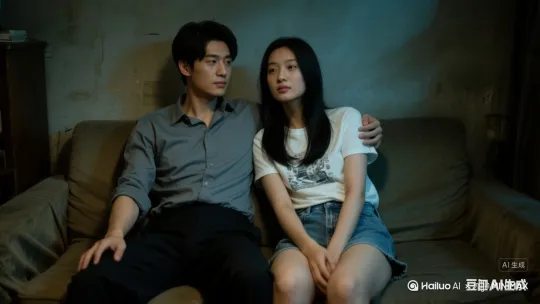 帮我生成一个视频：先特写男人和女人的脸，然后拉镜头到全景拍摄女人慢慢的躺下，头侧靠在男人的大腿上。比例 16:9。 by Hailuo AI Video Generator