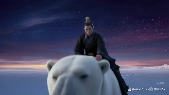 （镜头从极夜的冰原穹顶缓缓压下，紫黑色天幕缀着碎钻般的星子，地平线处裂开一道金红交界的光缝——极昼将临的预兆。风雪卷着冰碴子横掠，镜头突然顿住，远处雪丘后传来沉闷的踏雪声，每一步都像夯锤砸在冻土层上，震起半尺高的雪雾。）
 
（切中景）雪幕被破开的瞬间，先入画的是团移动的“白毛山”——北极熊的肩背比寻常战马宽出两个身位，乳白色鬃毛上凝着冰棱，随着步伐簌簌掉落，它鼻腔喷出的白汽在零下五十度的空气里瞬间凝成霜花，前掌踏碎半米厚的冰层时，爪尖翻出暗黑色的角质，带着生食后的腥气。
 
（推近景，跟镜头）熊背上坐着的人却与这片蛮荒格格不入：玄色十二章纹朝服被风雪吹得猎猎作响，冕旒冠上的玉串碰撞出泠泠脆响，压过风雪声。秦始皇的下颌线绷得像弓弦，鎏金剑鞘斜斜抵在熊颈侧，右手攥着熊耳后的鬃毛（那处毛被捋得发亮，显是常握的痕迹），左手按在腰间的玉玺上——即使隔着镜头，也能看见他指节因用力而泛白。
 
（特写切脸）他没戴兜鍪，额角的青筋在金红天光下泛着冷色，眼神扫过前方冰原时，像在丈量疆域的斥候，又像审视六国地图的君主。当北极熊突然加速，前掌滑过冰面带起一道雪弧时，他非但没俯身，反而坐得更直，朝服下摆扫过熊背的冰碴，露出靴底镶嵌的鎏金龙纹——那龙首正对着熊颈，像要随时咬下去。
 
（拉全景，镜头往后退）一人一兽渐成冰原上的孤影，金红光缝越裂越大，将他们的影子拉得极长，投在万年不化的冰层上。风雪突然停了半秒，能听见北极熊喉间滚出的低鸣，和秦始皇喉骨动了动的轻响——像在对这片从未载入《山海经》的土地，宣告某种未言明的主权。
 
（最后一个镜头定在北极熊甩头的瞬间，它耳尖的冰屑飞溅，恰好落在秦始皇冕旒的玉珠上，两滴冰珠悬在玉串间，晃了晃，没掉。）
 
（画外音留白三秒，只有极昼初升的光线刺破黑暗的“嘶”声，像刀划开绸缎。） by Hailuo AI Video Generator