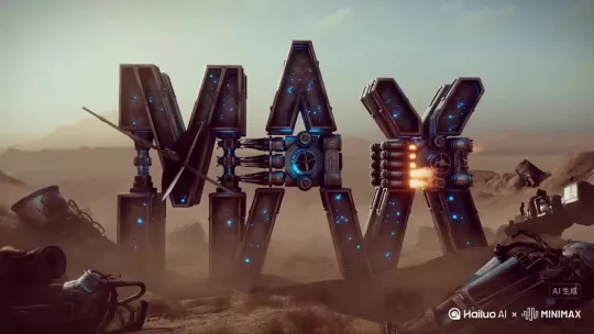 "METAL MAX" 重型机械字体，3D等距视角，
【字形结构】
- 每个字母由焊接钢板（厚度3cm）+外露液压活塞+齿轮传动系统构成
- M字：双炮管基座带液压减震器，顶部雷达盘旋转扫描
- A字：横杆改为7管加特林机枪（枪管持续旋转）
- X字：交叉处嵌入V8引擎排气管，喷发橙红火焰（带黑烟）
- T/L：笔划覆盖锯齿状履带，E字中横为滚动传送带

【材质与色彩】
- 主材质：重度锈蚀金属（铁锈红#BF4D28占60% + 机油绿#2A623D占30%）
- 高光：边缘激光切割蓝光（#00B4FF） + 焊接点白炽效果
- 战损：弹孔（内透电路板红光）+ 刮痕 + 焊接疤痕

【动态特效】
1. 组装阶段：字母呈爆炸悬浮状态，液压机械臂铆合零件（溅射火星）
2. 启动阶段：冷却液（荧光蓝）沿管线流动，核心引擎脉冲红光
3. 战斗反应：随机字母突现弹孔（金属变形飞溅火花），装甲板弹起防御
4. 终极形态：背部展开导弹发射架（12联装），红色激光瞄准线锁定目标

【环境氛围】
- 背景：核战废土沙漠 + 倾倒的坦克残骸 + 坠毁飞艇（低饱和度橙灰渐变）
- 地面：黑色油渍 + 散落弹壳 + 放射性警示牌
- 特效：风沙粒子 + VHS故障条纹（间歇性RGB色偏移）

【技术参数】
电影级顶光照明，虚幻引擎5渲染，机械精密细节1.3，8K分辨率，--ar 16:9 by Hailuo AI Video Generator
