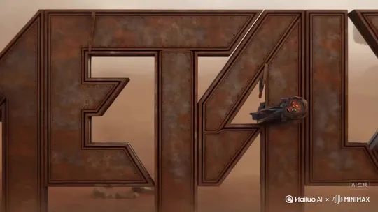 ["M-E-T-A-L- -M-A-X"] 重型机械标题，
【逐字结构】
M=双炮管基座+顶部雷达盘旋转扫描，
E=装甲外框+中横滚动履带，
T=油缸支柱+防滑锯齿横杆，
A=三角机枪塔（7枪管旋转），
L=螺栓加固弯折钢板，
空格=电缆连接器火花跳跃，
M=带弹孔损伤版双炮管，
A=枪管过热发红版机枪塔，
X=V8引擎火焰喷射，

【动态特效】
阶段1：液压机械臂组装字母（金属碰撞火花），
阶段2：冷却液蓝光流经所有字母管线，
阶段3：T字油缸突然增压抬起防御板，
阶段4：背景展开12联装导弹阵列旋转，

【材质与色彩】
生锈钢板（#BF4D28）占70% + 未打磨钢（#6C7A89）占30%，
弹孔内透电路板红光，边缘激光切割蓝光，

【环境】
核战废墟沙漠，沙暴粒子流动，地面散落弹壳，
--style 写实 --ar 16:9使用以上的元素描述构成的METAL MAX。 by Hailuo AI Video Generator