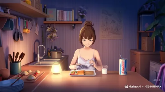 卡通动漫插画风格下，一位独居成年女性，年龄约25岁，穿着舒适的吊带睡衣，丸子头，在深夜的独居小公寓里吃宵夜；公寓场景温馨，暖黄色灯光为主，厨房台面上放着食材和餐具，餐桌旁有小台灯，背景可带简约的书架或装饰画，整体氛围治愈放松。
女性坐在餐桌前，慢慢拆开包装好的宵夜（如关东煮、螺蛳粉、烤串等），拿起筷子或勺子小口品尝，偶尔端起杯子喝一口饮料（如可乐、热牛奶），脸上带着满足的微笑；镜头可捕捉她拨弄食物、擦拭嘴角的细微动作，体现独居的惬意。 by Hailuo AI Video Generator