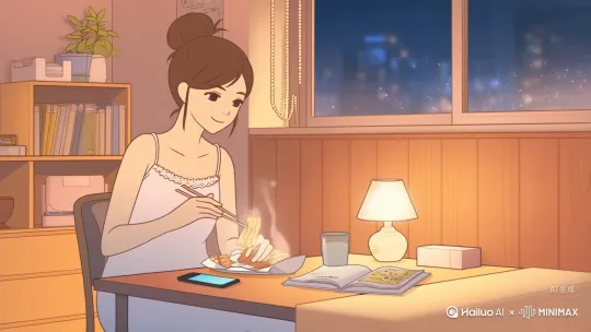 卡通动漫插画风格下，一位独居女孩，年龄约25岁，穿着舒适的吊带睡衣，丸子头，在深夜的独居小公寓里吃宵夜；公寓场景温馨，暖黄色灯光为主，客厅茶几上放着食材和餐具，餐桌旁有小台灯，背景可带简约的书架或装饰画，整体氛围治愈放松。
女性坐在餐桌前，慢慢拆开包装好的宵夜（如关东煮、螺蛳粉、烤串等），拿起筷子或勺子小口品尝，偶尔端起杯子喝一口饮料（如可乐、热牛奶），脸上带着满足的微笑；镜头可捕捉她拨弄食物、擦拭嘴角的细微动作，体现独居的惬意。
整体采用卡通动漫插画风格，线条柔和，色彩明亮温暖，带有轻微的复古滤镜感；画面比例1:1，镜头节奏舒缓，穿插近景（食物特写、手部动作）和中景（人物整体状态），营造深夜独处的宁静、治愈氛围，传递独居生活的小确幸。
餐桌上可放一本翻开的书或打开的手机（屏幕亮着微弱光线），窗外有朦胧的夜色或零星灯光，增加场景的真实感和生活气息；食物要画得有食欲，热气腾腾的效果用卡通化的线条表现。 by Hailuo AI Video Generator