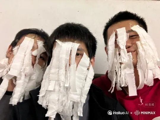 在大厅里面三人起来摇头跳舞，镜头一开始拉远看到全身后保持不动 by Hailuo AI Video Generator