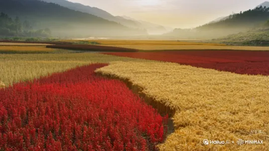 高质量、大师级别的摄影照、风光照、高清。在云南的一座漂亮的山谷里面，有一大片金色的麦浪。然后还有一大片火红的辣椒。这是梦中的景象，我希望把它能还原成现实中的视频。在山谷里面还有一层薄薄的雾，有一种误入仙境的感觉。麦浪和辣椒要融合为一体，要非常自然真实的写真照片。[左移,上升] by Hailuo AI Video Generator