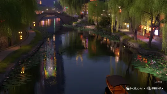 暮色里:
河道如镜,灯影揉碎在波纹里;一夕一昼,尽显泉城温柔笔触……
暮色中:
河道揽尽灯影柳丝,荷浪漫卷,古桥横波。船影、柳色、荷香,在岁月里晕染,晕开一城温婉。
暮色漫染时:
竹径深深,光影斑驳洒落石板。河道化作灯的溪流,柳影与霓虹缠绵,从翠影摇窗到灯火映水,把古典意趣与烟火温情,织成了永不褪色的水墨长卷。 by Hailuo AI Video Generator