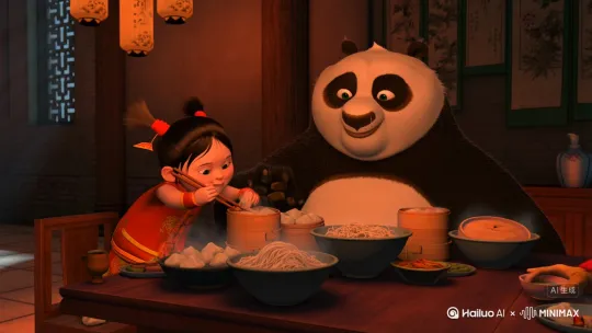 生成哪吒和大熊猫共进晚餐的视频，哪吒使用动画电影哪吒中的形象，大熊猫使用功夫熊猫里面的熊猫形象 by Hailuo AI Video Generator