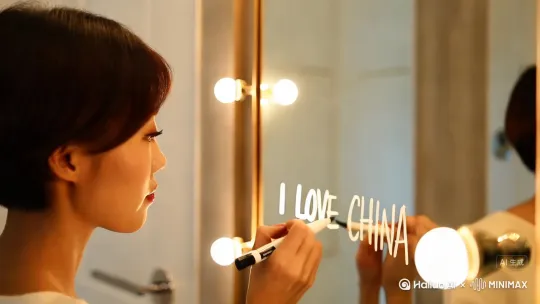 一个中国短发美女，面对着浴室里的镜子，
用马克笔在镜子上写着:“I LOVE CHINA” by Hailuo AI Video Generator