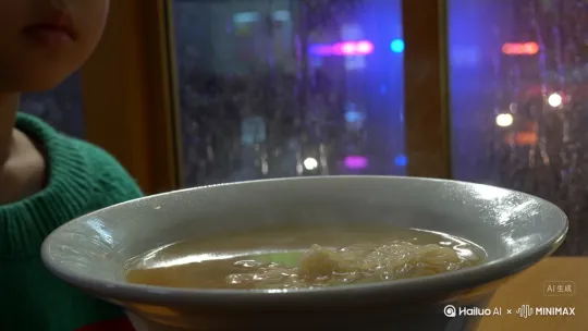 「窗边热汤面特写，蒸汽朦胧中女生吹气，筷子挑起溏心蛋流心，雨滴在玻璃划出光轨，吞咽时喉咙微动，背景白噪音（雨声+吸面声），--ar 16:9」
氛围技巧：
热汽在镜头形成短暂雾气
碗沿反光映出城市霓虹 by Hailuo AI Video Generator