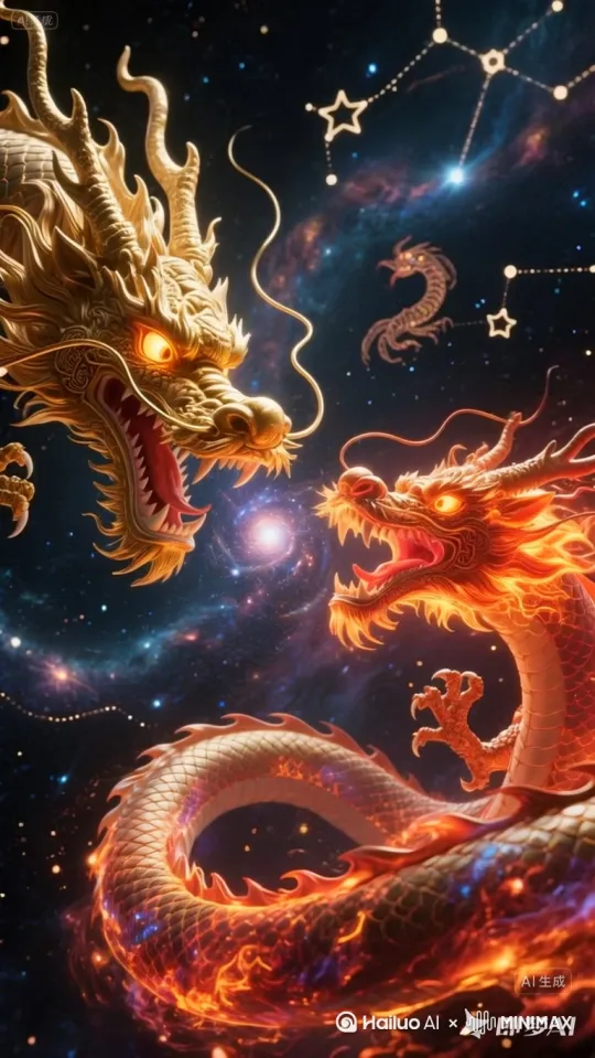 **主题：** Cosmic Dragon Battle in Quantum Dharma Realm, 3D hyper-detailed, photorealistic, 4K, IMAX cinematic, masterpiece, trending on artstation
**主体：** Two colossal ancient Chinese dragons: one GOLDEN dragon made of swirling galaxies and stardust, one FIERY dragon forged from quantum energy and nebula flames. They are fiercely INTERWOVEN and coiling around each other in a dynamic spiral motion through deep space. Their dragon heads are lunging dramatically TOWARDS THE CAMERA/ViEWER, mouths open roaring, eyes blazing with cosmic light. Extreme close-up on the dragon heads breaking the frame. Strong 3D stereoscopic effect, depth of field.
**背景：** Epic, vast cosmic nebula background in ultra HD. Glowing constellations (Orion, Scorpius, Ursa Major) visible as interconnected points of light. Swirling quantum foam and particle fields. Distant galaxies and star clusters. Ethereal Buddhist mandala patterns subtly glowing within the nebula clouds. Volumetric god rays piercing through the clouds.
**视角：** Dynamic low-angle shot looking UP at the dragons. Fisheye lens distortion for maximum impact and immersion. Camera slightly shaking with the dragons' movement. Feeling of being directly in the path of the dragons' charge.
**风格：** Hyper-realistic, cinematic, sci-fi fantasy, Chinese mythology meets cosmic quantum physics. High contrast lighting: deep blacks, vibrant golds, intense reds/oranges, electric blues/purples. Glowing particles, lens flares, chromatic aberration. IMAX aspect ratio.
**细节：** Intricate dragon scales reflecting starlight. Fiery dragon's body emits plasma tendrils and sparks. Golden dragon's body shimmers with embedded stars and nebulae. Visible cosmic dust and debris swirling around them. Sense of immense scale and power. "Quantum Sutra" energy script faintly visible in the air. Buddhist symbols (Dharma Wheel, Lotus) subtly integrated into the dragon designs or energy fields.
**技术：** Unreal Engine 5 cinematic render, Octane Render, ray tracing global illum by Hailuo AI Video Generator