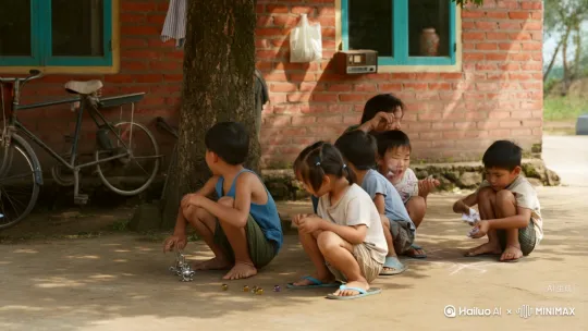 好的，这是一幅充满80年代生活气息的情景描绘：

**夏日午后·屋檐下**

七月的日头正烈，明晃晃地悬在瓦蓝的天上，把门前的水泥地晒得发烫，蒸腾起一股混着尘土和青草味的暖烘烘的气息。低矮的红砖瓦房前，树影斑驳，投下几块难得的阴凉。

几个半大的孩子就挤在这片阴凉里，玩得正欢。小刚穿着洗得发白的蓝布背心和松垮的军绿色短裤，赤着脚，蹲在地上，小心翼翼地用树枝拨弄一只刚从墙角抓到的铁皮青蛙。他拧紧了发条，一松手，青蛙便“咔哒咔哒”地、一蹦一跳地朝前冲去，惹得旁边扎羊角辫的小花咯咯直笑。小花手里攥着几颗彩色的玻璃弹珠，正和邻居家的二毛在水泥地上画出的圈圈里“进洞”。弹珠撞击，发出清脆悦耳的“叮当”声。稍大点的虎子则蹲在墙根下，专心致志地用捡来的粉笔头在墙上涂鸦，或是用纸烟盒叠的“啪叽”用力拍打着地面，试图把对方的掀翻。偶尔一阵热风吹过，带来远处几声悠长的蝉鸣，孩子们的欢笑声也随着风飘远了。

屋檐下，是忙碌的大人。小刚的爸爸穿着汗湿的白色跨栏背心，露出黝黑结实的臂膀，正蹲在门前的台阶旁，捣鼓他那辆“二八大杠”自行车。车胎瘪了，他熟练地卸下车轮，把内胎浸在盛满水的搪瓷盆里找漏气点。盆里的水随着他的动作轻轻晃荡，映着天上的云朵。他眉头微蹙，手上沾满了黑乎乎的机油，额头上沁出的汗珠顺着脸颊滑落，滴在水泥地上，瞬间就被吸干了，留下一个深色的小圆点。

另一边，小刚的奶奶坐在小马扎上，面前放着一个大铝盆，里面是堆得冒尖的、泡在肥皂水里的衣物。她挽着袖子，露出干瘦却有力的胳膊，正用力地在搓衣板上揉搓着。粗糙的搓衣板发出“咯吱咯吱”有节奏的声响，肥皂泡沾满了她的手臂和前襟。洗好的衣服被一件件用力拧干，水珠哗啦啦地落入盆中，再被她抖开，搭在屋前拉起的两根细长的竹竿上。湿漉漉的衣服在阳光下滴着水，很快就蒸腾起淡淡的水汽。收音机搁在窗台上，声音开得不大，正咿咿呀呀地放着单田芳的评书《隋唐演义》，沙沙的电波声混杂着故事里的金戈铁马，成了这午后劳作的白噪音。

阳光炽烈，树影婆娑。孩子们沉浸在简单游戏的快乐里，浑然不觉汗湿了后背。大人们埋头于手中的活计，带着一种习以为常的专注与平静。空气中弥漫着肥皂水的清冽、机油淡淡的刺鼻、泥土被晒热的芬芳，还有孩子们无忧无虑的笑闹声。这幅画面，凝固了八十年代一个普通农家门前最寻常也最鲜活的夏日时光——质朴、忙碌，带着汗水浸润的烟火气，却又在日头下闪烁着一种安稳而蓬勃的生命力。

**核心元素点睛：**

*   **孩童玩具：** 铁皮青蛙、玻璃弹珠、粉笔涂鸦、纸烟盒叠的“啪叽”，简单却充满乐趣。
*   **大人劳作：** 手工修理自行车（补胎）、搓衣板洗衣、竹竿晾晒，体现自给自足的手工时代。
*   **环境细节：** 红砖瓦房、水泥地、树荫、铝盆、搪瓷盆、搓衣板、竹竿、老式收音机（播放评书）。
*   **感官氛围：** 炽热的阳光、蒸腾的尘土青草味、肥皂水味、机油味、知了叫声、搓衣板的“咯吱”声、弹珠的“叮当”声、评书的电波声、孩子的笑闹声。
*   **时代特色：** 穿着（背心、军绿短裤）、生活方式的简单朴素、邻里孩子一起玩、没有电子产品的纯粹娱乐。 by Hailuo AI Video Generator