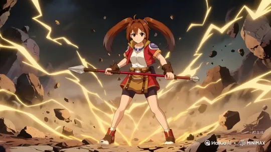 双马尾少女单手持长枪（棍），贴地高速绕圈奔跑！镜头「贴地跟拍」她的圆形轨迹：单手持棍时，棍尖擦过地面带起金色火星，裙摆与发丝因高速旋转形成「动态圆环」。
随着奔跑加速，地面开始浮现金色太极纹路（镜头特写纹路从棍尖擦过处生长），当完成最后一圈闭合时 ——
少女猛地用棍尖敲击太极中心，刹那间，地面炸开巨型金色太极能量圈（阴阳鱼流转发光），同时狂暴金色闪电从圈边迸发，如藤蔓般缠绕岩石、撕碎烟尘，塑造 “以棍为笔，画地成阵” 的炸裂仪式感！
拆解优化细节 by Hailuo AI Video Generator
