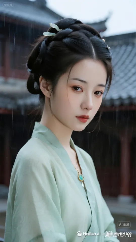 镜头逐渐给到图中女子正面，女子目光温柔的注释镜头。她眼神充满悲伤与忧郁，同时又带有深情，隐约有泪水溢出。她身后雨雪簌簌的落下。 by Hailuo AI Video Generator