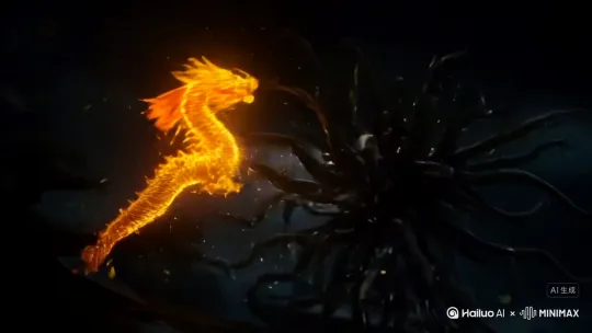 图中金龙闪烁着耀眼的火花与金光，身姿矫健，气势磅礴；而那神秘的黑色怪物则周身弥漫着阴森的黑气，触手舞动，透着诡异。二者在半空中激烈交锋，金龙的光芒与怪物的黑气相互交织、碰撞，每一次的冲击都好似能撕裂空气，伴随着阵阵能量的爆鸣，整个空间都因它们的战斗而震颤。 by Hailuo AI Video Generator
