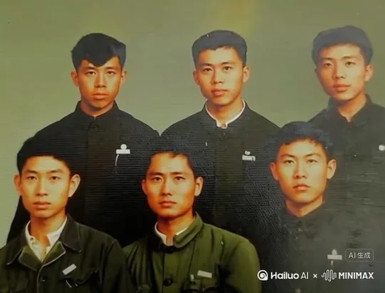 图中六人左右看彼此，转头微笑，中间一人用手指向左上角的人说，邢树环，别笑！ by Hailuo AI Video Generator
