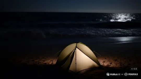 黑夜海边露营，海浪阵阵，伴着海浪声、风声入睡 by Hailuo AI Video Generator