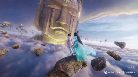 在一个仙侠世界的高空中，镜头缓慢推进，一对年轻的师姐弟在漂浮的乱石之间纵身跃动。师姐一袭青色长袍，衣袂翻飞，身周灵气缭绕，如水流般环绕，步步踏空。师弟紧随其后，足下腾起青色灵纹，跃石而上。
镜头从侧面横移，捕捉他们空中腾跃的每一帧轻盈之姿；随后转为环绕视角，从他们背后迅速推进，越过师姐弟的身影，拉近那前方空中的巨大石像。石像高耸，古老神秘，散发着淡淡金光，身上的符文时隐时现，灵气涌动。
镜头俯视石像与两人追逐之势，再缓慢拉远，展现出整片云海、漂浮乱石、灵气流动的震撼场景。画面色调为金黄与蓝紫交织，充满仙意与史诗感。 by Hailuo AI Video Generator