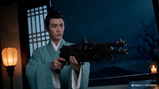 起始镜头：从书生正面拍摄，镜头聚焦在书生的脸部和手部动作上，突出其坚定的表情和火器的细节。
运镜方式：
镜头缓慢向左平移，展示书生的侧身和火器的发射方向（对着窗外）
接着，镜头以弧形轨迹从左侧绕到书生的右侧面，保持书生在画面中心。
在运镜过程中，逐渐拉远镜头，展示书生所处的室内环境和窗外的夜景。
结束镜头：最终镜头停留在书生的右侧面，展示书生的侧脸和火器的侧面轮廓，背景是窗外的夜色和室内的烛光。 by Hailuo AI Video Generator