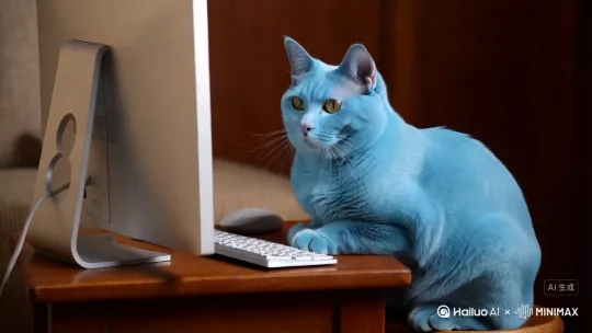 蓝色的胖猫坐在凳子上看电脑 by Hailuo AI Video Generator
