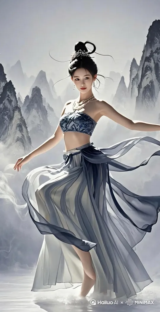 山间白凤情迷共舞，白光普照，东方古典美女，飞舞身体翩翩起舞，发髻高挽并饰以精致珠钗，面容姣好清晰，头部颈部舞动自然不变形，眼神妩媚灵动。身着蓝灰色刺绣抹胸上衣，搭配高腰飘逸纱质长裙，裙裾随风飞舞。背景为水墨意境的山峦，烟雾缭绕，营造出空灵、仙气的氛围。整体画面高清细腻，人物姿态优雅妩媚，尽显灵动神韵。
[推出,上升,下摇] by Hailuo AI Video Generator
