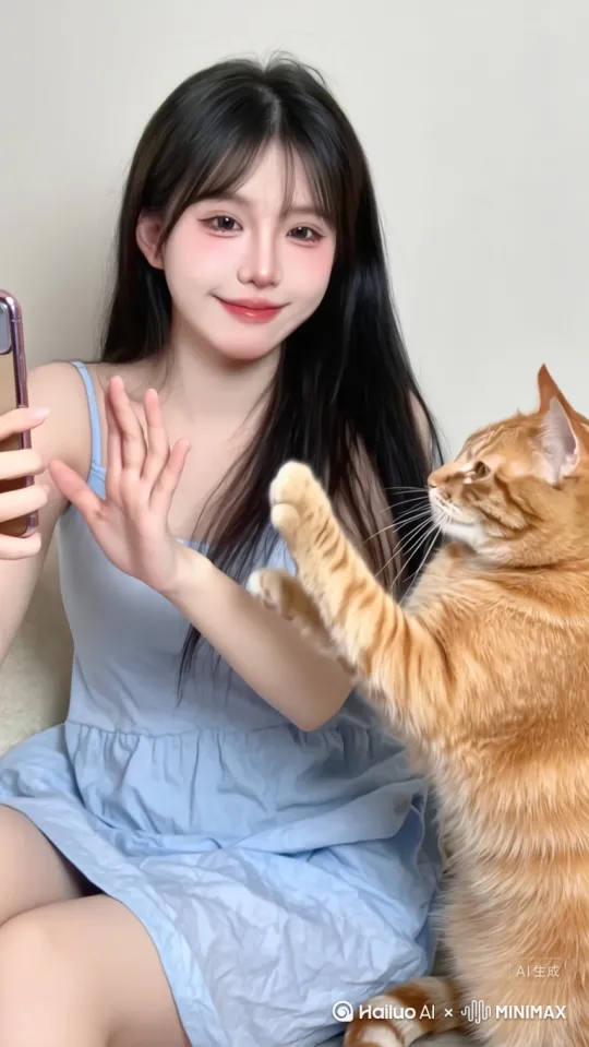 美女是聋哑人对着电话视频 打着手语 嘴巴是闭着的 喵咪一直在叫着 by Hailuo AI Video Generator