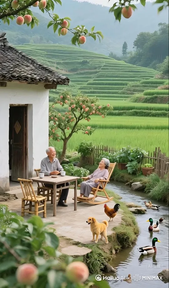 男人在喝茶，女人躺在摇椅上摇动，鸡和黄狗在走动，溪流流动，鸭子缓缓游动。从左往右环绕运镜。[右移,左摇,跟随] by Hailuo AI Video Generator