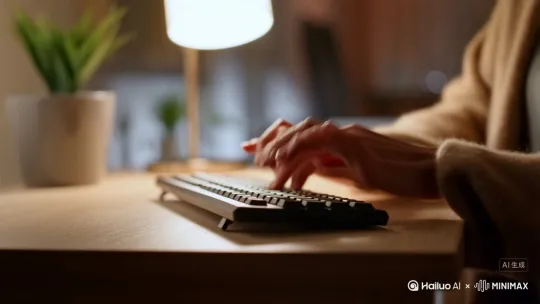 下班回家在温馨的灯光下用机械键盘打字，键盘发出清脆但不刺耳的打字音 by Hailuo AI Video Generator