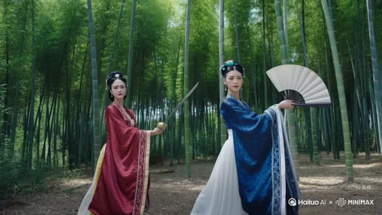 主体描述：
Two beautiful Chinese women wearing traditional Hanfu robes engaged in martial arts combat, graceful fighting poses, flowing silk sleeves, elegant hair ornaments with jade accessories, determined facial expressions, dynamic action scene

服装细节：
Traditional Hanfu clothing with wide flowing sleeves, intricate embroidered patterns, silk fabric with delicate textures, contrasting colors (one in red/gold, one in blue/white), traditional Chinese hair styling with ornamental hairpins

武术动作：
Martial arts stance, one woman wielding a sword, another with a fan or staff, graceful yet powerful movements, flowing fabric caught in motion, dust particles in the air from their movements

背景环境：
Dense bamboo forest setting, tall green bamboo stalks creating natural columns, dappled sunlight filtering through bamboo leaves, peaceful zen atmosphere, traditional Chinese garden aesthetic

艺术风格：
Cinematic composition, dramatic lighting, high detail, photorealistic style, inspired by Chinese classical paintings, wuxia film aesthetic, 4K quality

技术参数：
--ar 16:9 --style raw --quality 2 --chaos 30 by Hailuo AI Video Generator