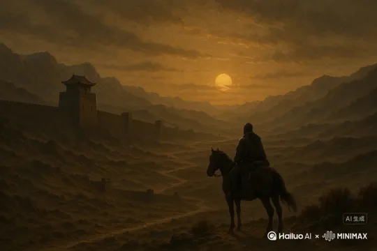 Based on the provided image, create a realistic, slow-paced 16:9 video animation. Maintain the original composition, lighting, and mood of the scene, which depicts a desolate ancient Chinese frontier landscape during twilight. Animate the movement subtly: a cold wind gently lifts sand and dust, distant banners flutter softly, and a few weary soldiers and horses move slowly along the ridge. The moonlight gradually intensifies, casting a melancholic glow across the Great Wall and mountains. The camera performs a gentle cinematic pan to the right, emphasizing the vastness and solitude. Keep the tone solemn, historical, and poetic by Hailuo AI Video Generator