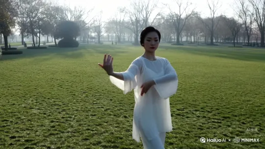 [推出,上升,下摇][右移,左摇,跟随]一位太极晨练者在草坪上练习陈式太极拳。 by Hailuo AI Video Generator