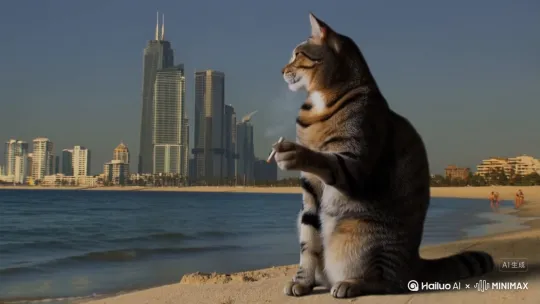 生成一只巨型狸花猫坐在沙滩上，猫咪单手抽烟，海阔天空，背后有高楼大厦和些许游客玩耍 by Hailuo AI Video Generator