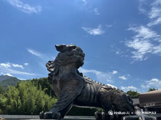 通过天空云层和背景树木被风吹动来衬托雕塑的威武雄壮 by Hailuo AI Video Generator