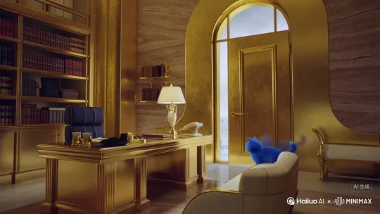 一只蓝色小猫走进校长和黄金办公室发现校长办公室的门开了结果全世界进入冰河时代。 by Hailuo AI Video Generator