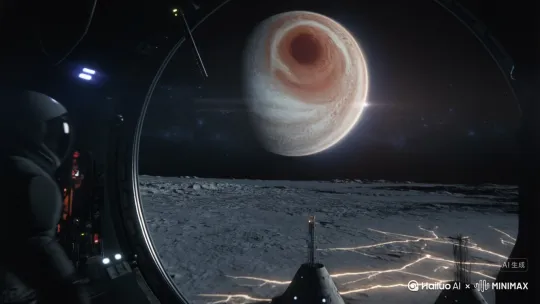 A cinematic space exploration scene set in the outer Solar System. A futuristic spacecraft is traveling at high velocity near the orbit of Jupiter, visible as a colossal, swirling gas giant with richly detailed storms and Great Red Spot rotating slowly outside the window. The camera follows a lone astronaut inside the ship as warning lights gently blink.

The astronaut approaches the airlock and opens the hatch. A dramatic silence follows as he looks out—beneath him is the icy, mysterious surface of Europa, one of Jupiter’s moons. The moon's surface is cracked with glowing fissures of subsurface ocean activity, reflecting faintly the light from Jupiter.

Scattered across Europa’s desolate plains are a few small, futuristic human research outposts with antennae and blinking lights, barely holding against the cold.

The astronaut jumps from the spacecraft, and in zero gravity free-falls toward the moon. His automatic descent system activates—thrusters and a parachute deploy in a synchronized ballet. As he descends slowly through the thin exosphere, he looks up and sees the majestic, full-disk Jupiter dominating the sky, surrounded by stars and distant moons.

The atmosphere is quiet, otherworldly. The camera pulls back to show the vast, barren ice fields of Europa as the astronaut touches down near a distant base, the windless cold making the landscape seem frozen in time.

The overall tone is solemn, awe-inspiring, and full of tension, with a slow and immersive pace, emphasizing scale, isolation, and cosmic wonder. by Hailuo AI Video Generator
