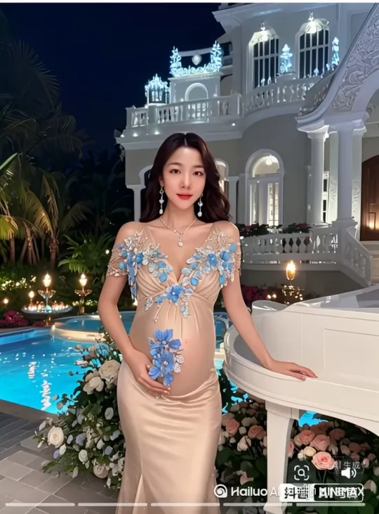 长发,大波浪,华丽配饰耳饰项链,大V领香槟色鱼尾长裙紧贴肌肤,上面有蓝色立体花朵,性感妩媚,凹凸有致,曲线优美,挺着大肚子在豪华别墅花园晚宴上,白色水晶钢琴,豪华泳池,灯光鲜花装饰,精致妆容,孕妇照,露出大肚子,手摸腹部,穿着丝袜和高跟鞋,超广角远镜头拍摄,孕妇在转身时,不小心撞到钢琴后孕妇的肚子开始疼,倒在了地上肚子下面开始流血,血染红了裙子,就在孕妇想站起来时,突然猛地跑出一个人,那人用力踩住孕妇肚子,孕妇大腿紧挨着肚子的地方流出的血越来越多,马上孕妇快要流产,孕妇求饶那人让他放过自己也没用那人死活不放手,依旧踩在孕妇肚子上,孕妇猛地推开他,将那人当成自己的擦自己的裙子血迹的抹布,将裙子的血擦干净后反手把那人吸入肚子里。随后来到游泳池边用池水把身上的血洗干净。 by Hailuo AI Video Generator