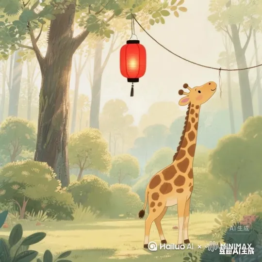 阿鹿走到槐树下，伸长脖子用嘴给灯笼绳打上结，灯笼亮起。 阿鹿晃了晃脑袋很得意，周围出现狐狸，小猴拍手叫好。最后镜头给挂好的灯笼特写。 by Hailuo AI Video Generator