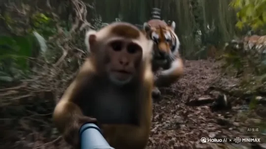 猴子荒野求生自拍杆拍视频，被老虎追 by Hailuo AI Video Generator
