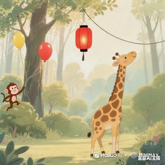 小猴拉扯风筝线，急得跺脚。 阿鹿转身低头帮忙，脖子碰到灌木，枝叶晃动。 by Hailuo AI Video Generator