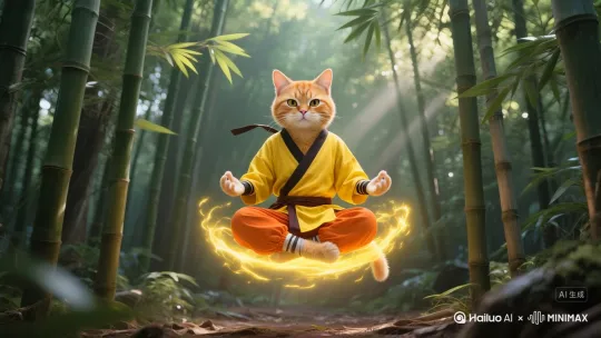 拟人黄猫浮空闭眼打坐，突然听到了什么动静，然后突然双手合十一阵烟雾后变出四只半透明发黄光的黄猫分身四处散开， by Hailuo AI Video Generator