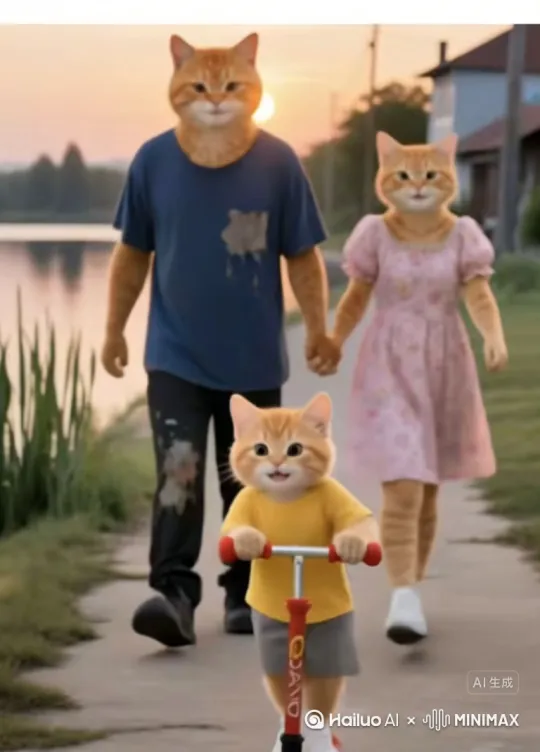 [右移,左摇,跟随]橘猫爸爸失业了，橘猫爸爸打电话给橘猫妈妈诉说，橘猫妈妈安慰橘猫爸爸，只要一家人平平安安在一起就好，橘猫妈妈和爸爸一起夜市摆摊卖炒饭，小橘猫儿子在一旁帮忙收桌子擦桌子，只要一家人一起努力，生活会越来越好。[跟随] by Hailuo AI Video Generator