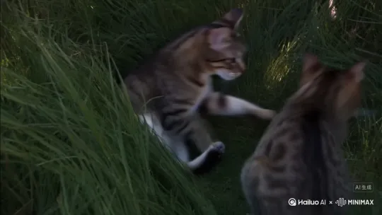 两只狸花猫在草丛里打架[右摇,变焦推进] by Hailuo AI Video Generator