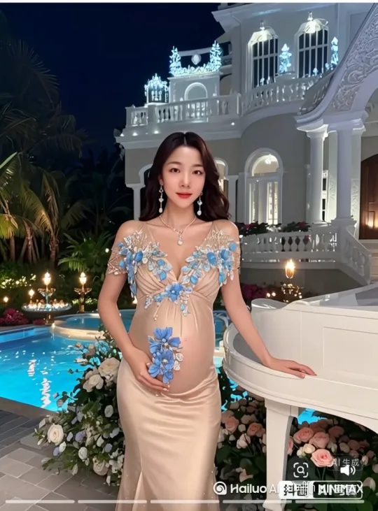 长发，大波浪，华丽配饰耳饰项链，大V领香槟色鱼尾长裙紧贴肌肤，上面有蓝色立体花朵，性感妩媚，凹凸有致，曲线优美，挺着大肚子在豪华别墅花园晚宴上，白色水晶钢琴，豪华泳池，灯光鲜花装饰，精致妆容，孕妇照，露出大肚子，手摸腹部，穿着丝袜和高跟鞋，超广角远镜头拍摄，孕妇在转身时，不小心撞到钢琴后孕妇的肚子开始疼，倒在了地上肚子下面开始流血，血染红了裙子，就在孕妇想站起来时，突然猛地跑出一个男人，男人用力踩住孕妇肚子，孕妇大腿紧挨着肚子的地方流出的血越来越多，马上孕妇快要流产，孕妇求饶男人放过自己也没用男人死活不放手，依旧踩在孕妇肚子上，孕妇猛地推开他,反手把男人吸入肚子里。随后来到游泳池边用池水把身上的血洗干净。 by Hailuo AI Video Generator