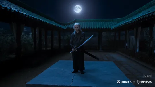 （镜头从月晕里沉下来，霜白的光漫过青瓦檐角，落在院心那方青石板上。）
 
（中景推近）少年立在石板中央，发是极淡的白，像揉碎的月光缠在发间，随着肩背的起伏轻轻晃。他右手握剑，剑鞘是深黑的，只在剑柄处露一点银纹，被月光照得发亮。
 
（特写切手腕）他手腕微旋，“噌”一声轻响，剑身出鞘半截，寒光猛地跳出来，映得他眼睫都泛着冷白。下一秒，整个人忽然动了——左脚碾过青石板的裂纹，带起半片枯叶，身体像被风推着旋开，剑身在他身前划出个圆，弧光里能看见他垂着眼，睫毛投在眼下的浅影。
 
（镜头拉成全景）他步子迈得极稳，脚尖点地时轻得像猫，转身后仰的瞬间，剑忽然斜斜劈下，风声被劈开一道口子，“呼”地掠过耳畔。白发随着他俯身的动作甩起来，发梢擦过剑脊，带起极细的颤音。剑势忽快忽慢，快时如骤雨打窗，剑尖点在石板上，溅起星子大的石屑；慢时像流水绕石，剑身在他臂弯里游移，最后顺着小臂滑到肘间，他屈肘收势，剑尖垂向地面，一滴夜露顺着剑刃滚下来，“嗒”落在石板上，晕开一小片湿痕。
 
（特写定格在他侧脸）白发扬到极致又落回肩头，他停在那里，胸口微微起伏，眼尾沾了点汗，被月光照得像碎钻。剑尖还凝着光，他抬眼望向镜头外，瞳孔是深的，像盛着未化的雪。
 
（收音：剑穗扫过衣料的窸窣，青石板上的脚步声，还有远处风吹过竹篱的轻响，都浸在月光里，软得像一层纱。） by Hailuo AI Video Generator