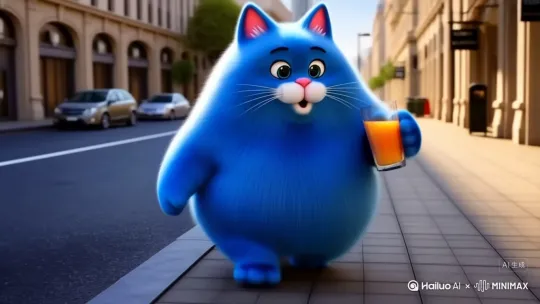 3D动画风格，画面主体是一只蓝色的胖猫，耳朵内侧为粉色，有着白色的胡须和粉色的鼻子，拿着一杯果汁在街上一边喝果汁一边走，时不时讲话 by Hailuo AI Video Generator