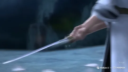 （镜头：中近景跟拍，焦点锁剑刃）
0-2秒：剑尖贴地急旋，手腕翻时剑身陡然立起——特效：银白冷光沿剑脊"唰"地窜起半尺，碎光像冰碴子似的往镜头外溅。
2-4秒：持剑人旋身横斩，剑刃带起破空声——特效：青灰色气浪随剑势拉出半道弧，撞上侧方灯笼时，"啵"地迸开三两点金红火花，火花坠地前就灭了。
4-6秒：收势时剑斜指地面，臂肌绷住的瞬间——特效：剑刃上的冷光"嗡"地颤了颤，顺着剑尖滴下三缕银芒，落地漫开铜钱大的光纹，光纹里浮着两瓣被剑气卷来的白梅瓣，定住两秒，随光纹淡去。
（停镜：最后一帧卡光纹彻底消失的瞬间） by Hailuo AI Video Generator