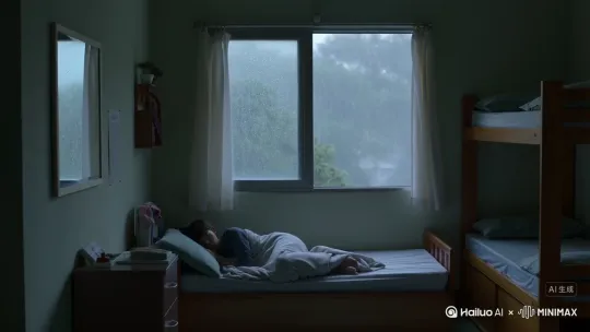周日台风“韦帕”过境，中午躺在宿舍床上听外面的风声雨声休息[推进] by Hailuo AI Video Generator